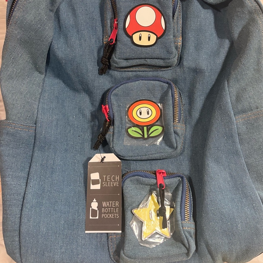 Nintendo Super Mario Bros. Icons Denim Multi-Pocket Backpack NWT - Picture 9 of 11